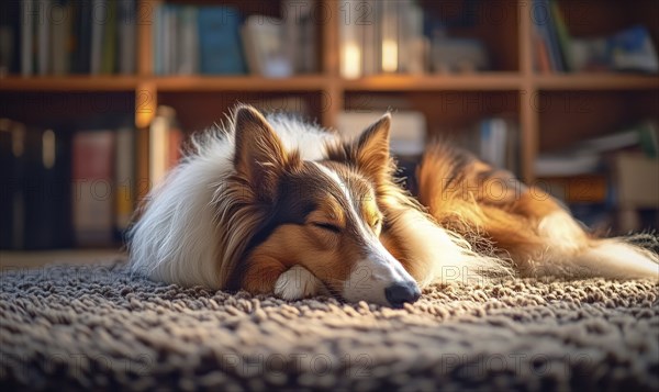 Collie lying on a soft rug indoors, warm lighting, bookshelves in the background AI generated