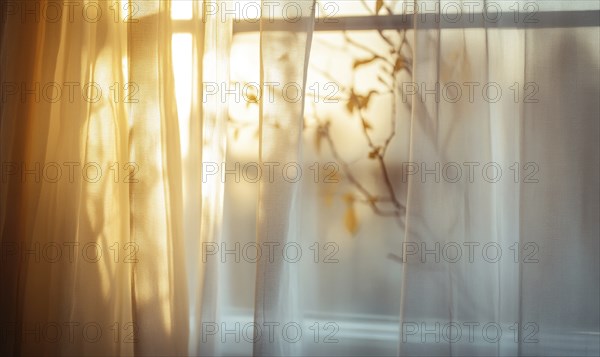 Delicate curtains, billowing softly, warm light filtering in shadows gently stretching across the fabric AI generated