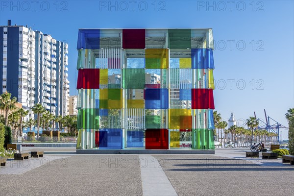 Malaga, Spain, April 2023: View on the Centre Pompidou colorful cube architecture by Daniel Buren. Location: Marina of Malaga, Spain, Europe