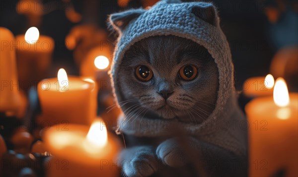 Close-up of a gray cat in a small ghost costume, surrounded by soft candlelight Halloween decorations AI generated