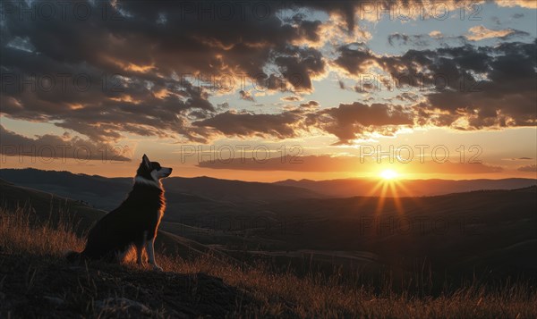 Collie standing on a hilltop, overlooking a valley at sunrise AI generated