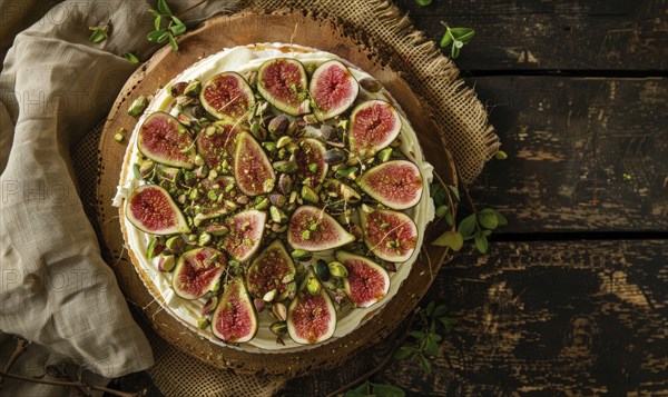 Fig and pistachio cake with cream cheese frosting on a natural burlap cloth AI generated