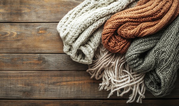 Vibrant knitted hats on a rustic wooden background AI generated