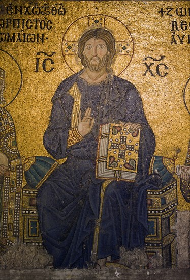 Jesus enthroned above the imperial gate in Hagia Sophia, Istanbul, Turkey, Asia