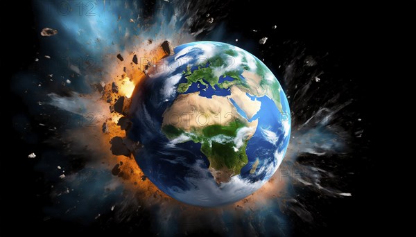 Cosmic catastrophe in space, environmental disaster caused by the impact of an asteroid on Earth, AI generated