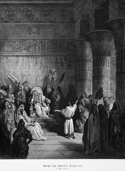 Bible, Joseph interprets Pharaoh's dream. Genesis 1, 41, 14, Moses, Old Testament, Genesis, Egypt, palace, throne room, pillars, dream interpretation, interpretation, hieroglyphics, many courtiers, listening, thoughtful, historical illustration 1885, Africa