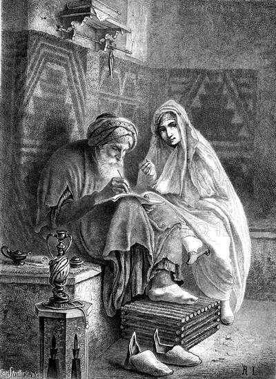 A public scribe in the streets of Tunis, Tunisia, Old man and young woman reading a book together in a traditional oriental reading corner, surrounded by books and candles, Historical, digitally restored reproduction from a 19th century original, Record date not stated, Africa