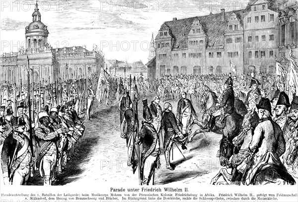 Parade under King Frederick William II, Elector of Brandenburg, parade formation, the bodyguard, in the retinue Field Marshal von Müllendorf, Duke of Brunswick, Blücher, Cathedral Church, St Mary's Church, Berlin, Prussia, historical illustration 1882