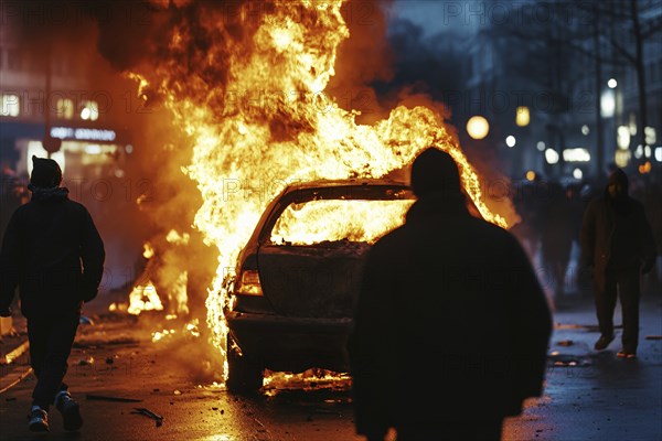 Burning car in street with rioting people at night. Generative Ai, AI generated