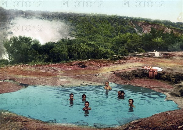 Morning Bath, Whakarewarewa, Rotorua, in the North Island of New Zealand, 1890, Historic, digitally restored reproduction from a 19th century original, Morning Bath, in the North Island of New Zealand, Historic, digitally restored reproduction from a 19th century original