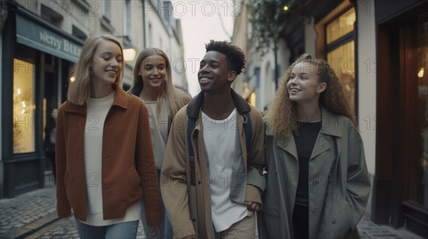 A happy multi-ethnic group of young adult friends walk along the streets of europe, generatvie AI, AI generated