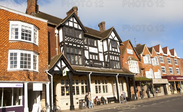 Lloyds high street bank branch in historic half-timbered building, Marlborough, Wiltshire, England, UK