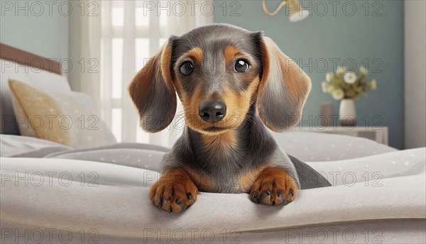 Dachshund (Canis lupus familiaris), cute puppy lying on bed in bedroom, dog breed, animal child, AI generated, AI generated