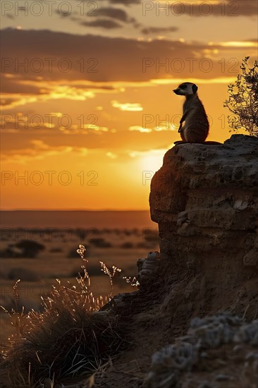 Meerkat silhouetted against the setting sun standing atop a termite mound in the kalahar desert, AI generated