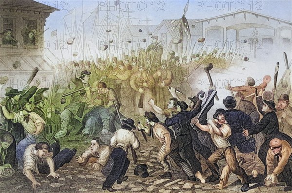 Attack on the Massachusetts 6th in Baltimore Maryland 19 April 1861, Historical, digitally restored reproduction from a 19th century original, Record date not stated