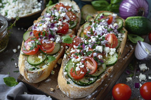 Slice of bread with cucumber, tomatoes and feta cheese. Generative Ai, AI generated