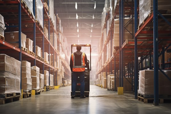 A worker in a reflective vest operates a forklift in a well-lit warehouse, navigating through aisles stacked with packaged goods. Efficiency and organization of a modern distribution center, AI generated