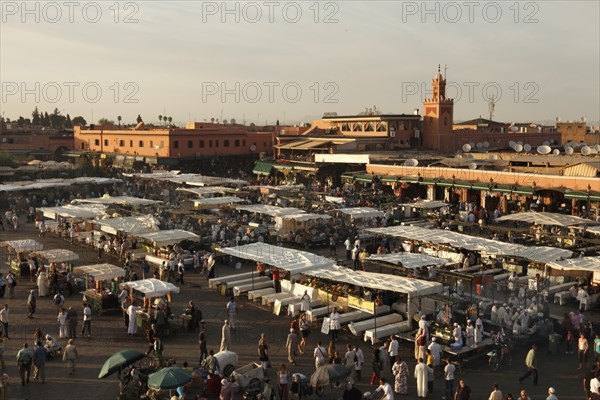 Restaurants on the Djemaa el Fna square in Marrakech, Morocco, Africa