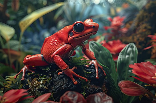 Strawberry poison dart frog, Oophaga pumilio, on leaves, AI generated