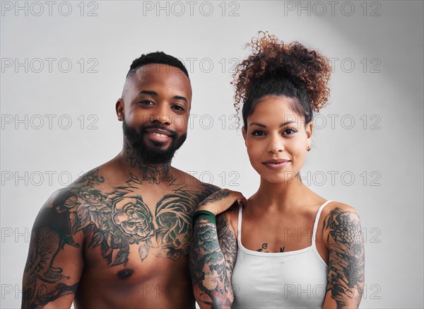 Portrait, tattoo, tattoo, an African-American couple with heavy tattoos on neck and upper body, AI generated, AI generated