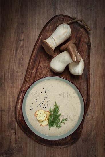 Mushroom cream soup, with dill and bruschetta, mushroom eringi