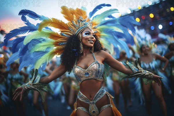 Captivating image capturing the essence of the Rio Carnival, showcasing a dancer adorned in an elaborate, vibrant costume, embodying the spirit and energy of this iconic festival, AI generated