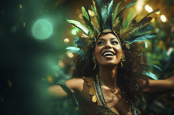 Captivating image capturing the essence of the Rio Carnival, showcasing a dancer adorned in an elaborate, vibrant costume, embodying the spirit and energy of this iconic festival, AI generated