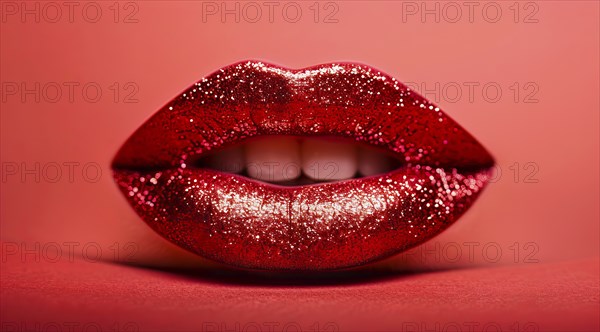 A woman's lips are covered in red glitter. Concept of glamour and sophistication, luscious lips, AI generated