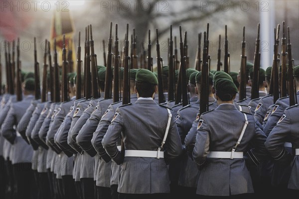 Soldiers from the Bundeswehr Guard Battalion, photographed during a reception with military honours in the courtyard of the Federal Chancellery in Berlin, 13.03.2024