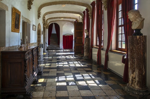 Kasteel van Laarne, interior showing hallway of 14th century medieval moated castle near Ghent, East Flanders, Belgium, Europe