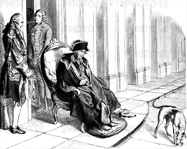 The old and sick King Frederick II in his armchair, Sanssouci Palace, Hohenzollern, Potsdam, servant, terrace, armchair, dogs, Prussia, Brandenburg, historical illustration 1882