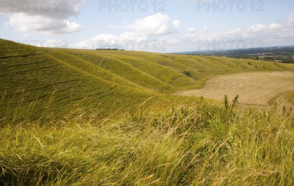 Steep chalk scarp slope and the Vale of the White Horse looking west from near Uffington castle, Oxfordshire, England, UK