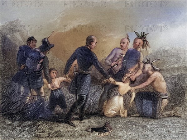 General Wool saves a Mexican family from the Indians, John Ellis Wool, 1784-1869, Officer in the United States Army, Historical, digitally restored reproduction from a 19th century original, Record date not stated