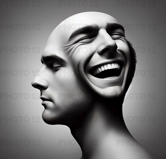 Split personality, a young man with two faces, one laughing and one serious, symbolic image Janus head, conflict, psychology, AI generated, AI generated