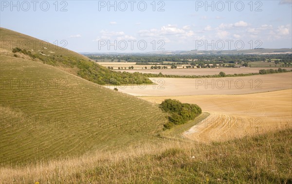 Steep chalk scarp slope and the Vale of Pewsey looking east from near Alton Barnes, Wiltshire, England, United Kingdom, Europe