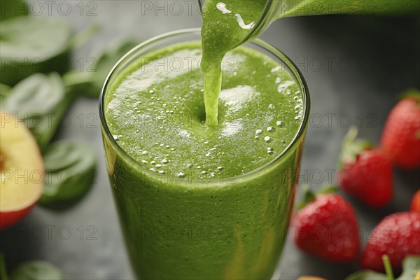 Close up of green healthy smoothie drink being pured into a glass. Generative Ai, AI generated