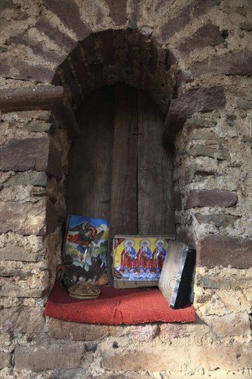 Amhara region, near Gondar, Gonder, prayer niche, votive tablets, holy images at the church of Debre Berhan Selassie, built in the 17th century, UNESCO, World Heritage Site, world, heritage, cultural heritage, Ethiopia, Africa