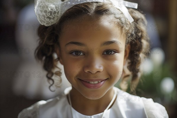 Portrait of a beautiful mulatto girl wearing a white dress for easter sunday, generative AI, AI generated