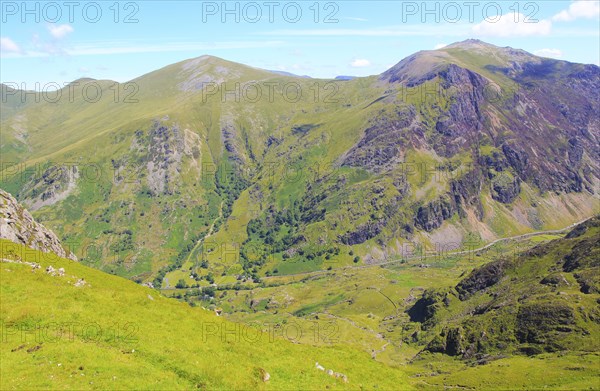 Looking down to Llanberis Pass from Mount Snowdon, Gwynedd, Snowdonia, north Wales, UK