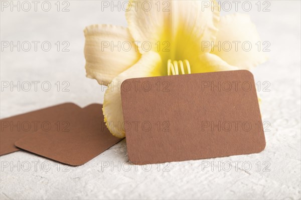 Brown paper business card mockup with orange day-lily flower on gray concrete background. Blank, side view, copy space, still life. spring concept