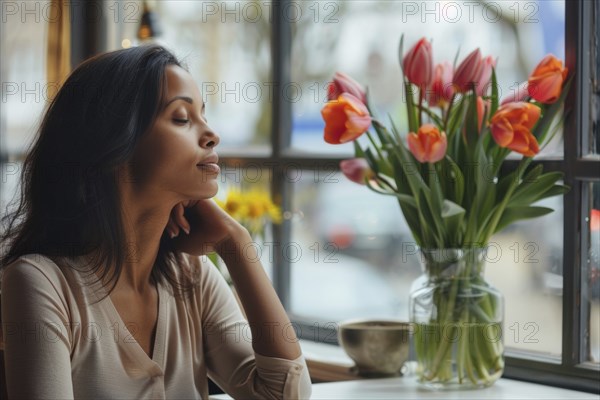 A businesswoman sits dozing at a table, next to her is a vase of flowers with tulips and daffodils, a symbolic image for spring tiredness, AI generated, AI generated, ai generated, AI generated