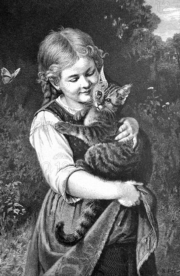 Little girl holds a pet cat in her arms, A girl hugs a cat in a black and white illustration, in a forest background with butterflies, Historic, digitally restored reproduction from a 19th century original, Record date not stated