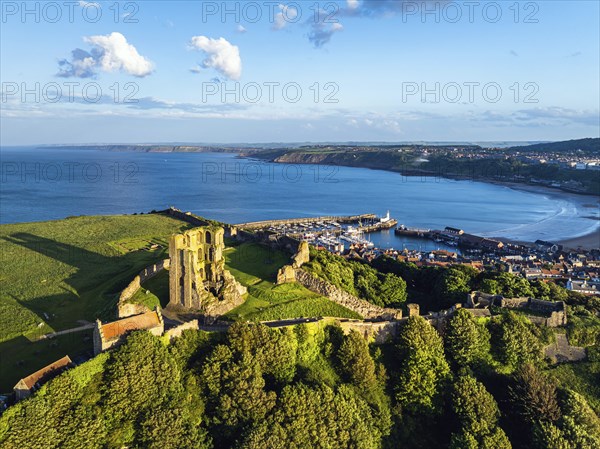 Scarborough Castle from a drone, Scarborough, North Yorkshire, England, United Kingdom, Europe