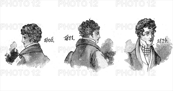 Men's fashion in the 19th century, hairstyles around 1808. 1811, 1824, historical, digital reproduction of an original from the 19th century