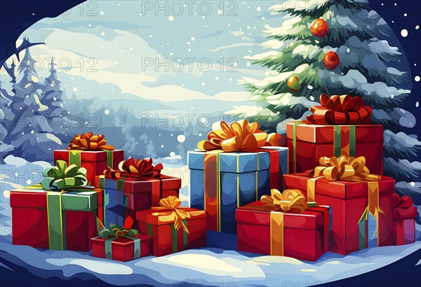 Abstract illustration of wrapped Christmas gifts, shiny ribbons and bows, stacked under a snow-dusted evergreen tree in a snowy outdoor setting, AI generated