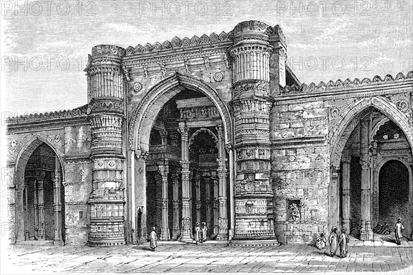 Portal of the Friday Mosque Jama Masjid, large mosque, in Ahmedabad, India, in 1870, Historical, digital reproduction of an original from the 19th century, Asia