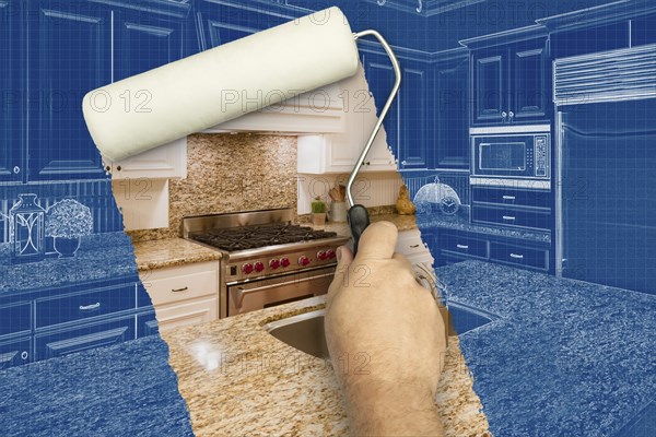 Before and after of man painting roller to reveal custom kitchen photograph under blueprint sketch drawing plans