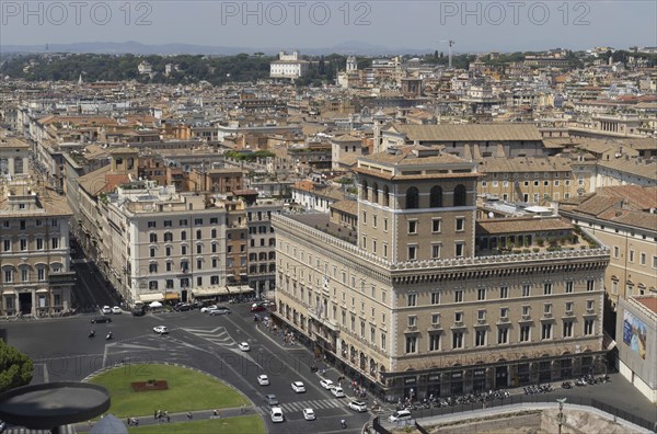 View from Monumento Vittorio Emanuele II, Piazza Venezia with Palazzo della Assicurazioni Generali, Rome, Italy, Europe