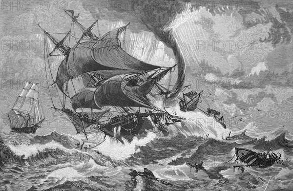 A ship in the South Atlantic Ocean, caught by a tornado, Tornado, Historical, digitally restored reproduction from a 19th century original, c. 1890, Record date not stated