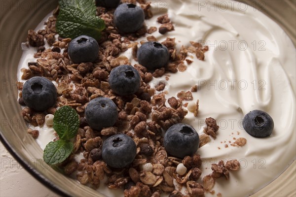 Yogurt with chocolate muesli, with berries, blueberries, breakfast, close-up, fork on top, no people